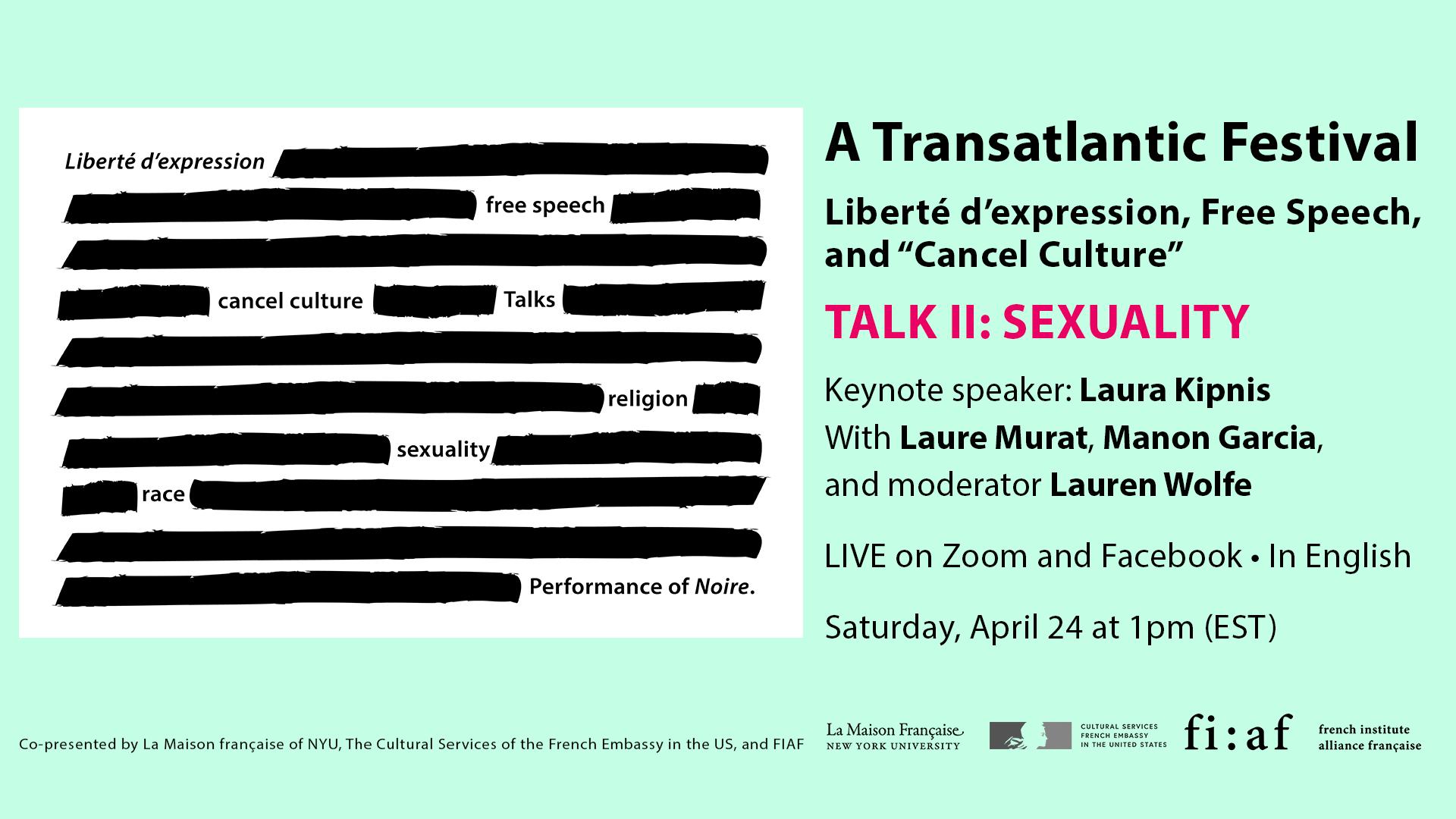 Talk | A Transatlantic Festival: Liberté d’expression, Free Speech, and "Cancel Culture" - Sexuality